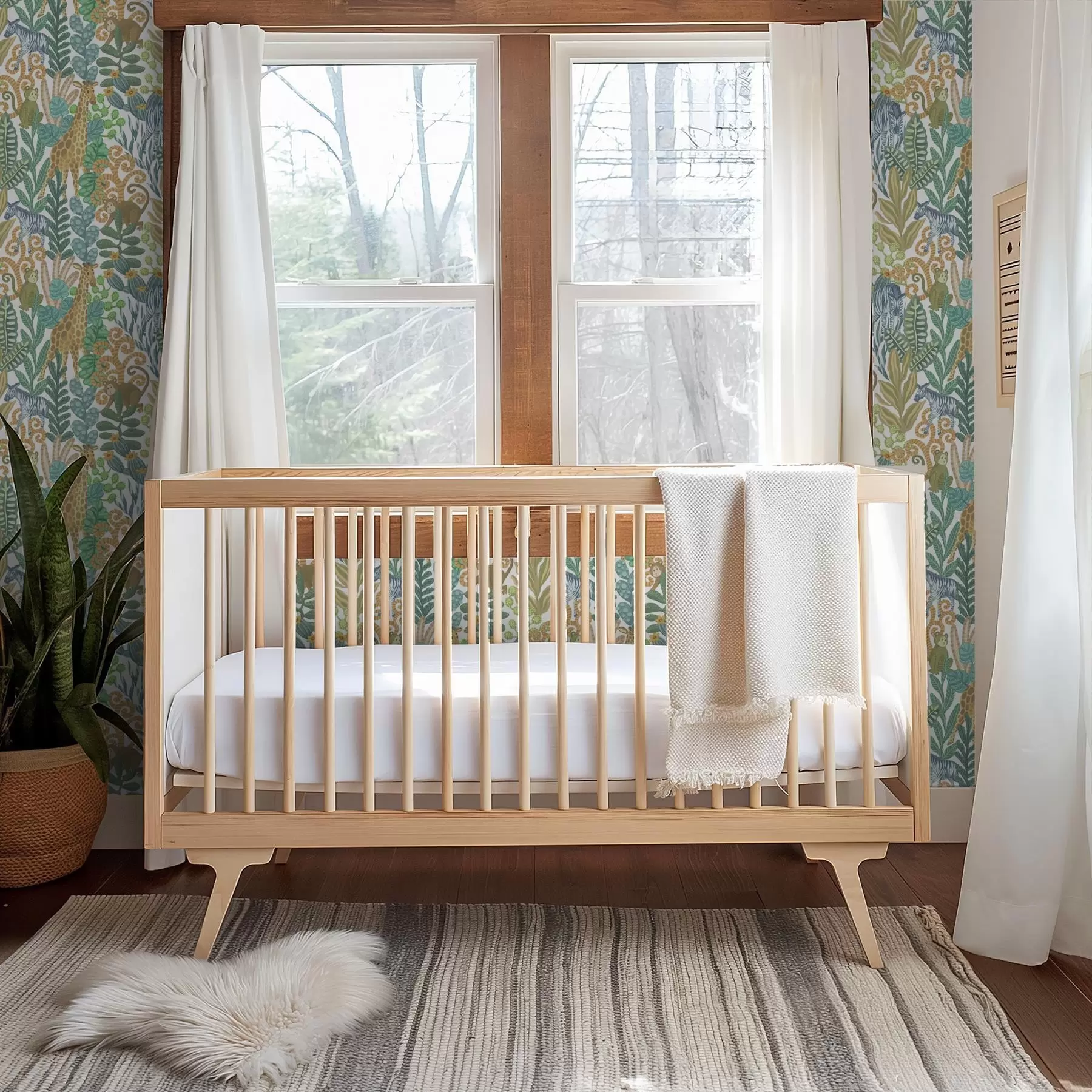 murais de parede Animais alegres da savana entre folhas em um fundo branco a01000