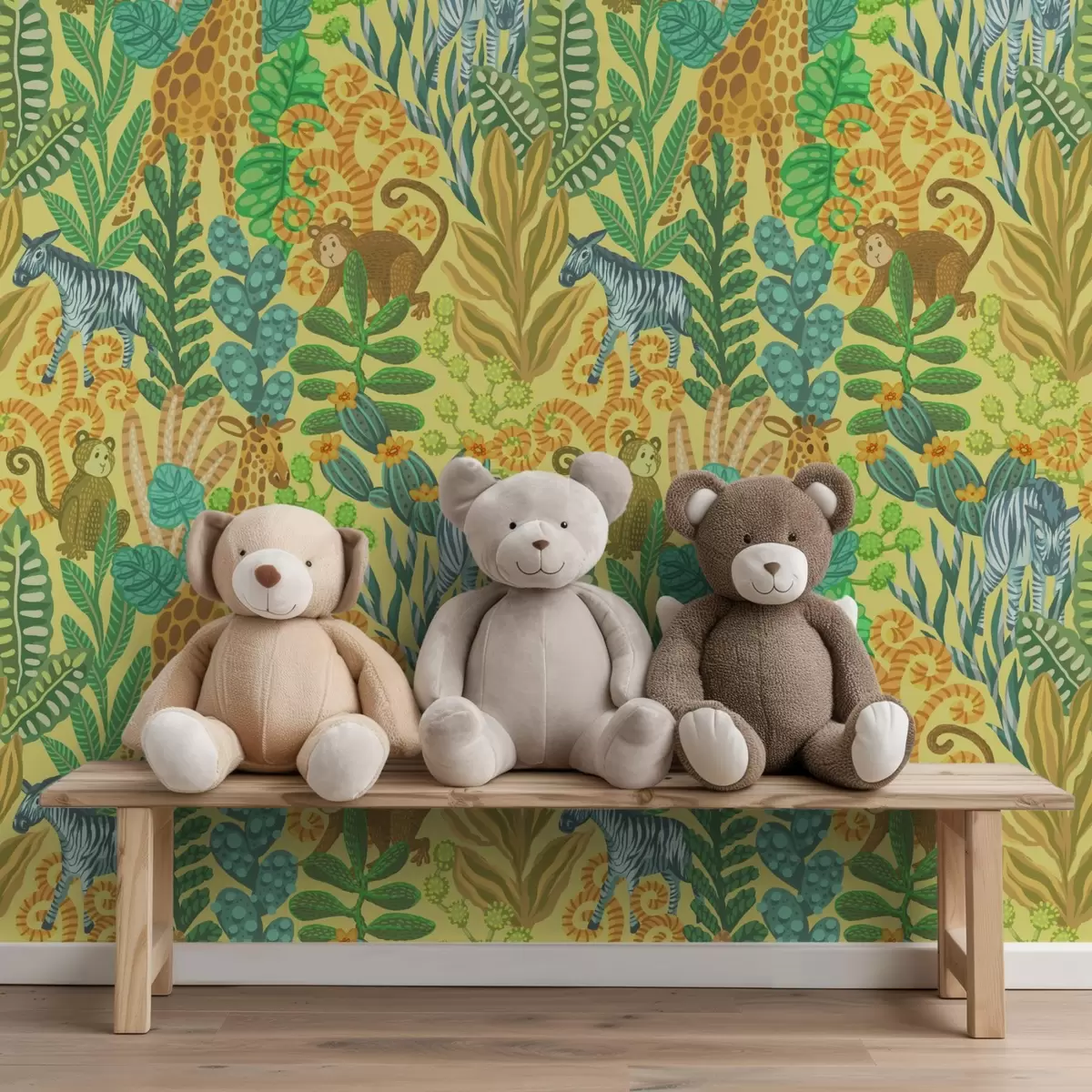 Papel de parede Girafa, zebra e macaco em uma savana amarela brilhante a01000v1