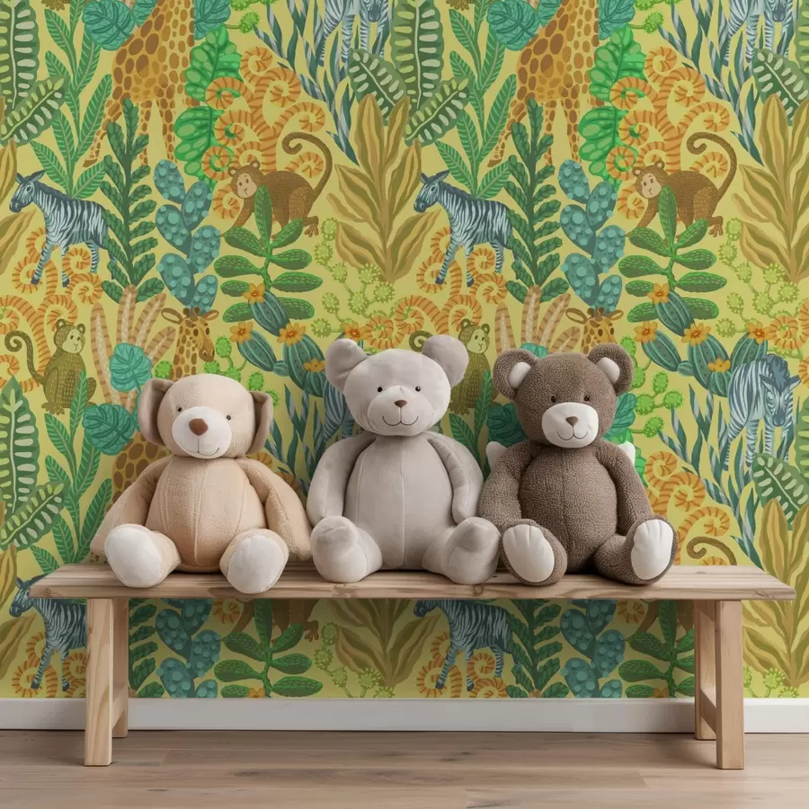 murais de parede Girafa, zebra e macaco em uma savana amarela brilhante a01000v1