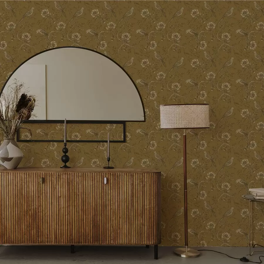 murais de parede Pássaros e flores vintage sobre um fundo verde-oliva quente a01022v1