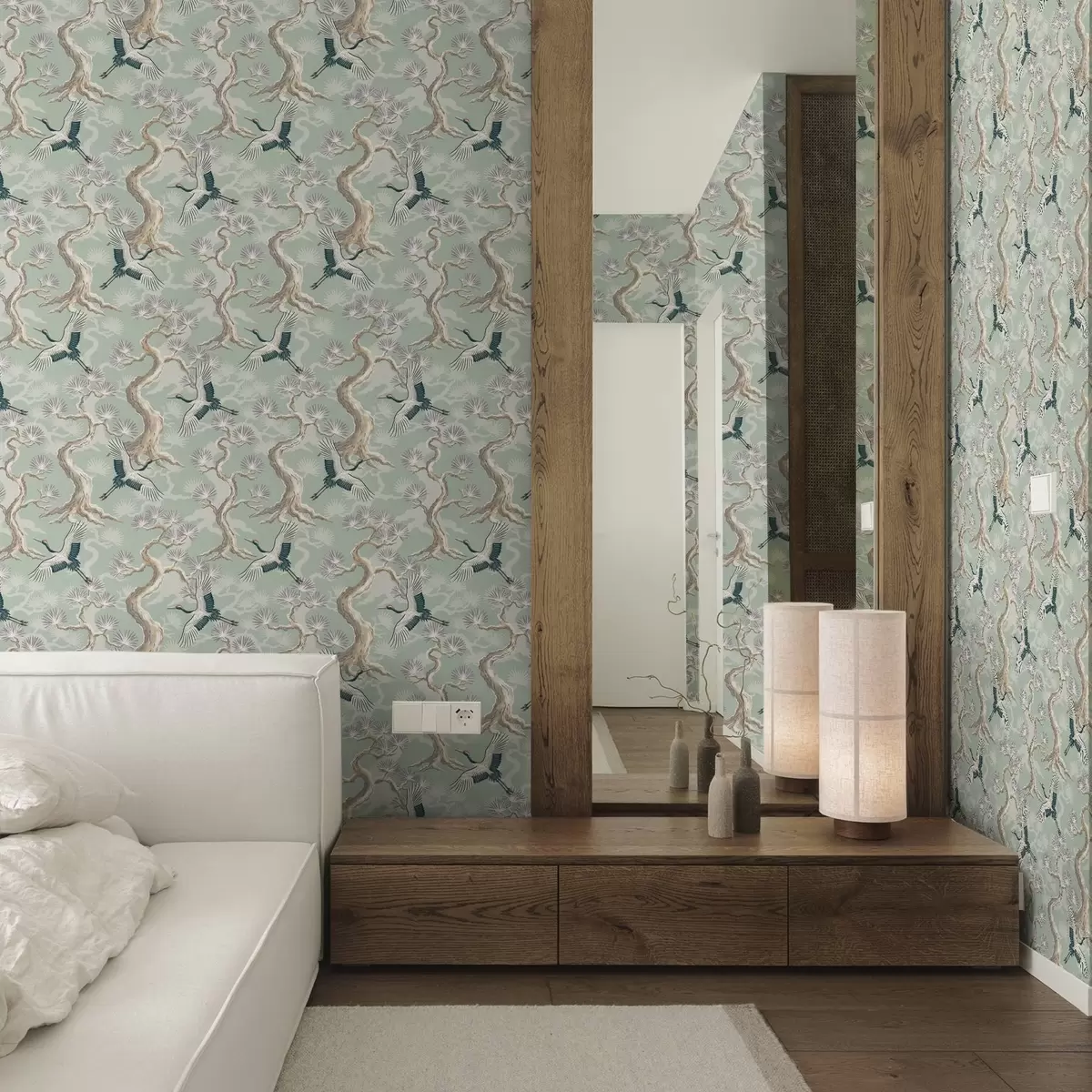 Papel de parede Guindastes entre galhos curvos em um fundo suave cor de salva a01023