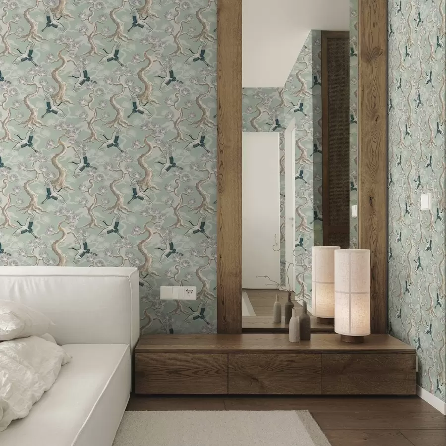 murais de parede Guindastes entre galhos curvos em um fundo suave cor de salva a01023