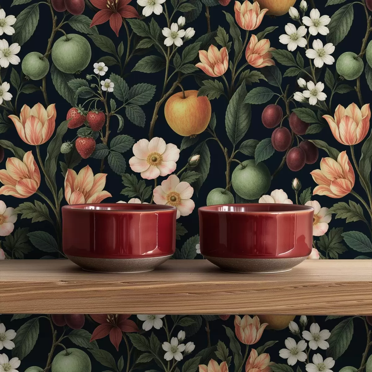 Papel de parede Jardim escuro com flores, maçãs maduras e bagas a01034