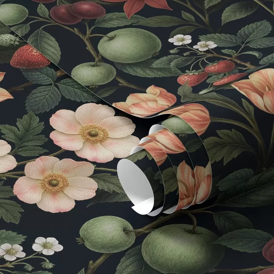murais de parede Jardim escuro com flores, maçãs maduras e bagas a01034