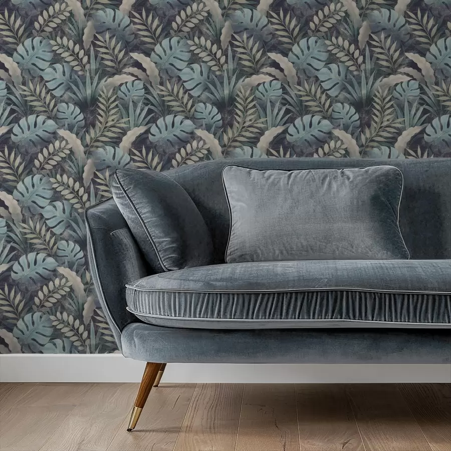 murais de parede Folhagem tropical em tons frios de azul esverdeado a01035