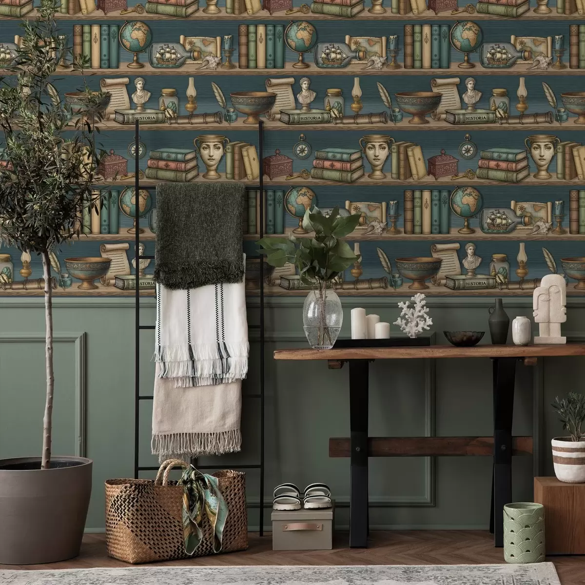 Papel de parede Prateleiras vintage com livros, um globo terrestre e curiosidades marítimas a01036