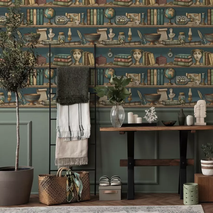 murais de parede Prateleiras vintage com livros, um globo terrestre e curiosidades marítimas a01036