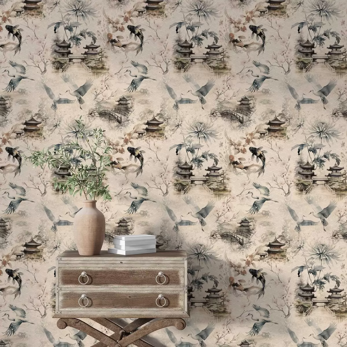 Papel de parede Templos japoneses, peixes koi e guindastes em um fundo suave a01040