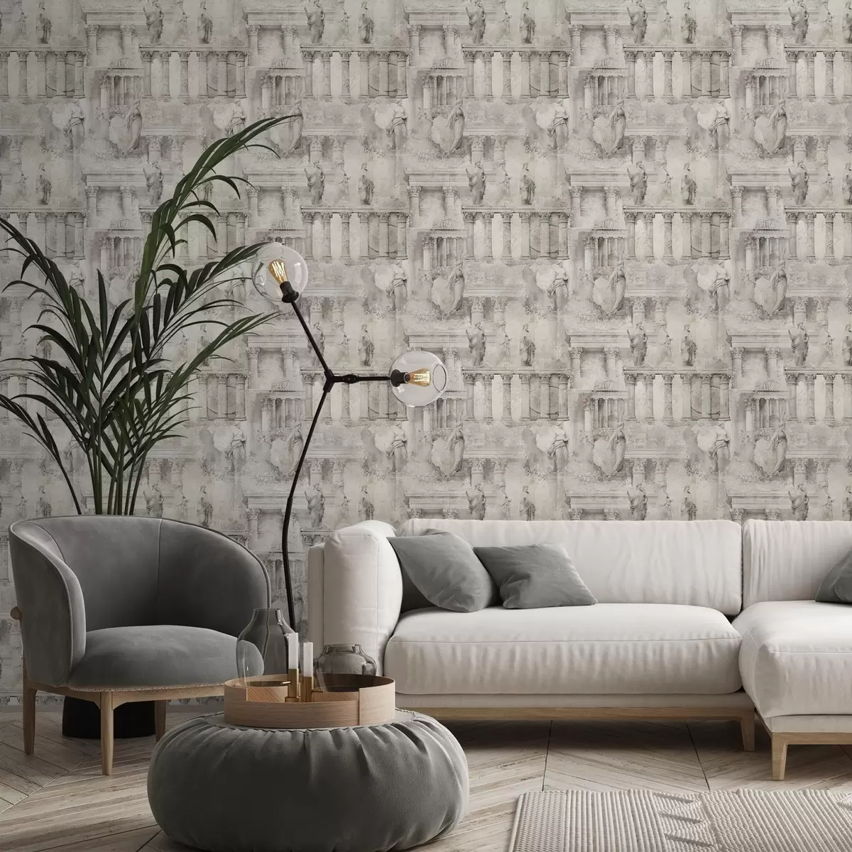 Papel de parede Estátuas e colunas antigas em tons suaves de bege-cinza a01041