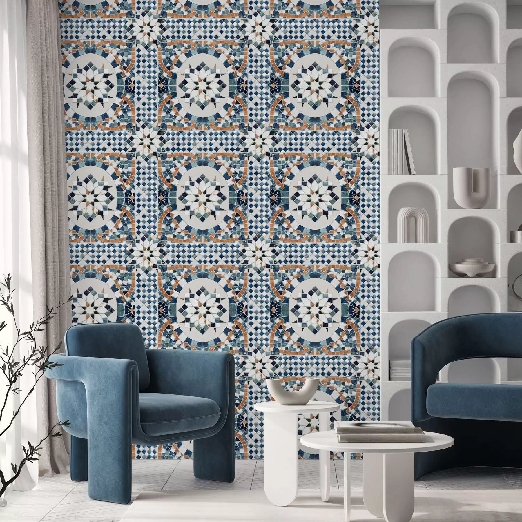 murais de parede Mosaico marroquino brilhante em tons de azul-turquesa a01043