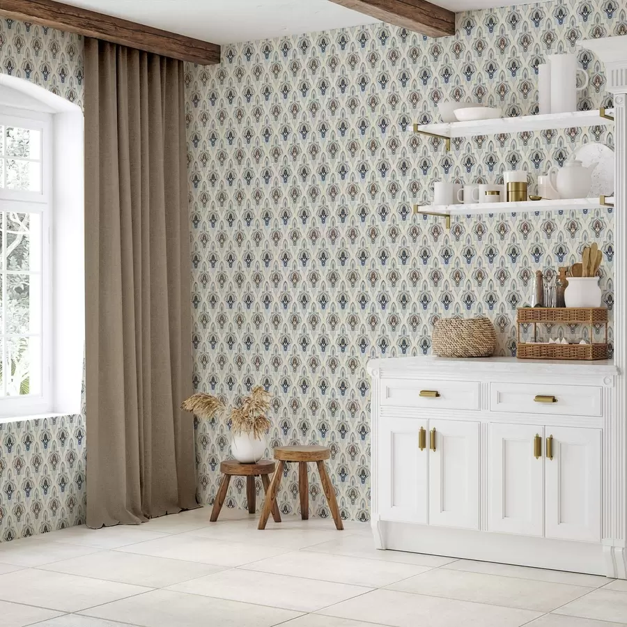 murais de parede Padrão oriental de pequenos azulejos em uma paleta de tons de azul-areia a01044