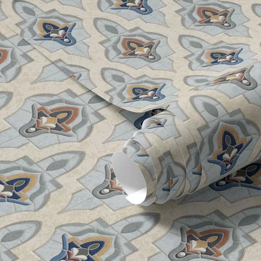 murais de parede Padrão oriental de pequenos azulejos em uma paleta de tons de azul-areia a01044