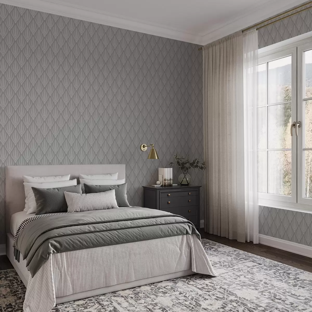 Papel de parede Art Déco cinza com formas em leque a01064