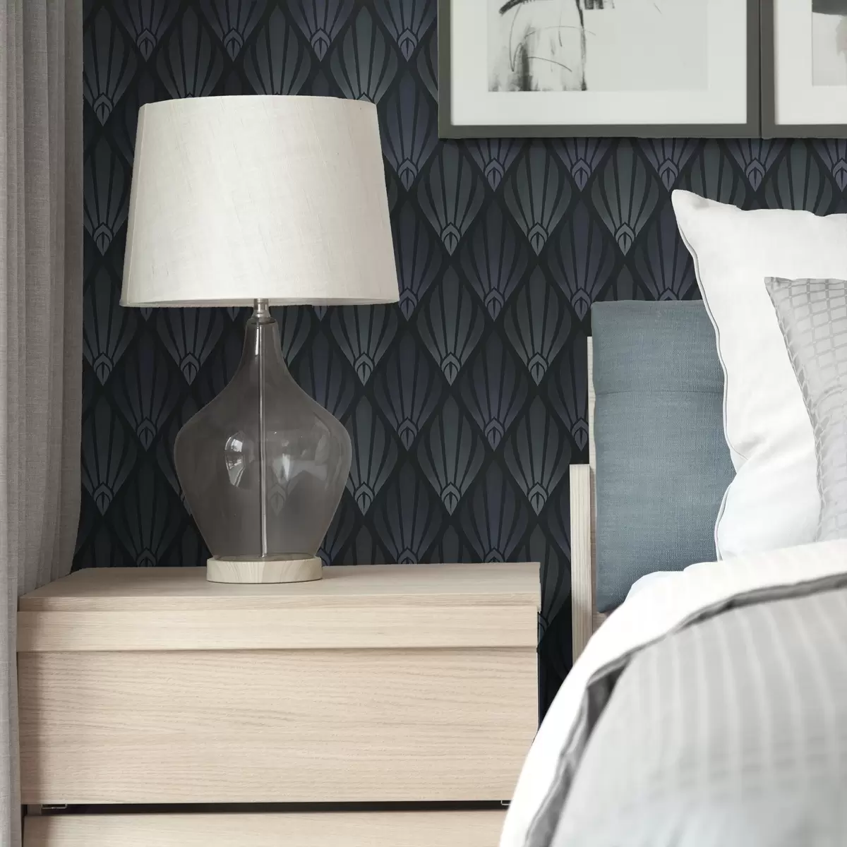 Papel de parede Art Déco azul-acinzentado com formas em leque a01064v3