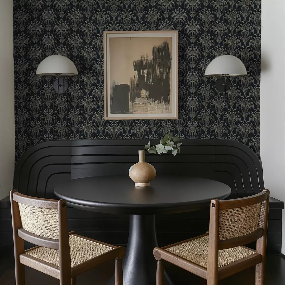Papel de parede Ornamento Art Déco escuro com plantas estilizadas a01065