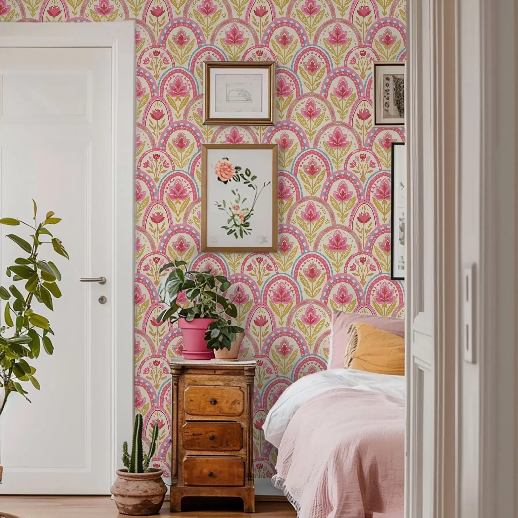 murais de parede Arcos com flores cor-de-rosa num padrão de estilo folclórico a01080