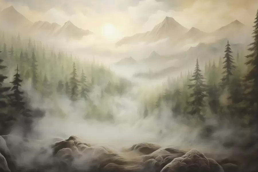murais de parede Floresta na neblina com as montanhas ao fundo w04730