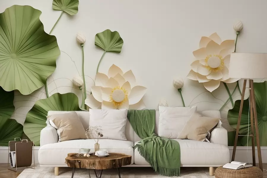 murais de parede Flores de lótus em 3D com folhas verdes texturizadas, estilo minimalista w09560