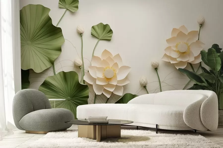 murais de parede Flores de lótus em 3D com folhas verdes texturizadas, estilo minimalista w09560