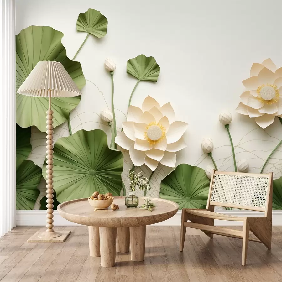murais de parede Flores de lótus em 3D com folhas verdes texturizadas, estilo minimalista w09560