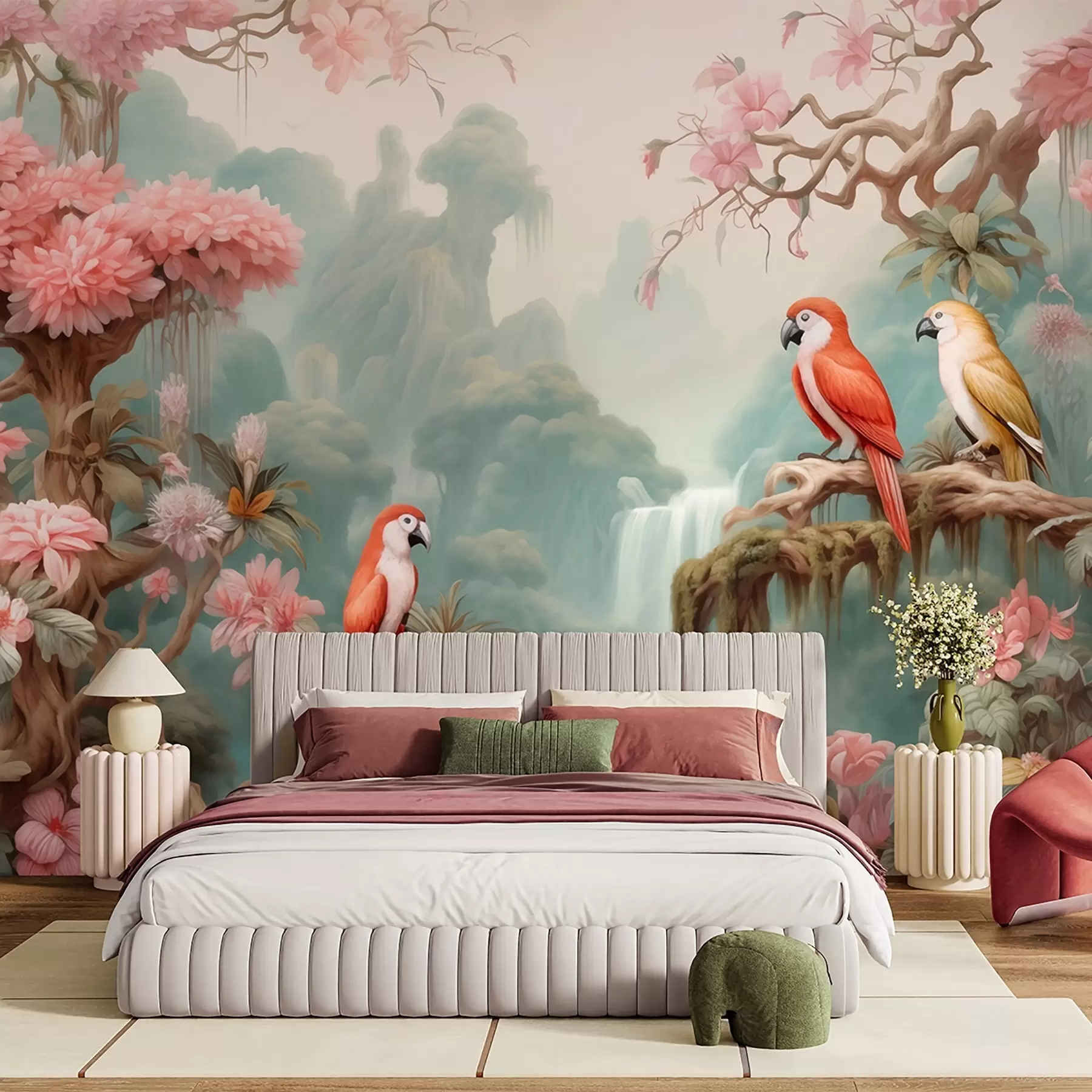 murais de parede Uma floresta tropical de conto de fadas com papagaios, árvores floridas com flores cor-de-rosa e uma cachoeira w09580