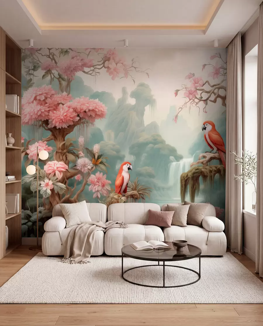 murais de parede Uma floresta tropical de conto de fadas com papagaios, árvores floridas com flores cor-de-rosa e uma cachoeira w09580