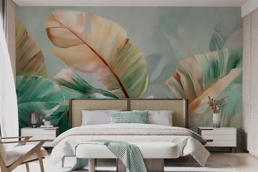 murais de parede Delicadas folhas de bananeira tropical em tons pastel de amarelo-esverdeado w09581