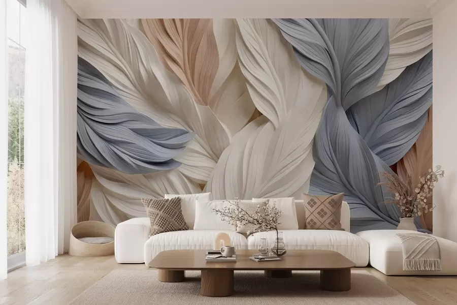 murais de parede Penas abstratas e em camadas em tons de creme, bege e azul claro, com uma aparência texturizada e orgânica. w09603