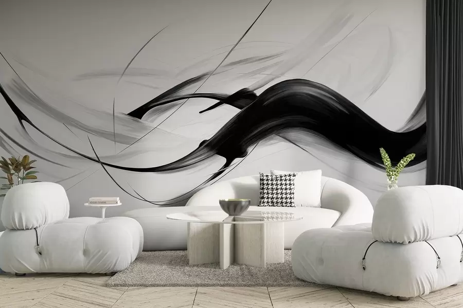 murais de parede Pinceladas abstratas em preto e branco com linhas finas criando um design moderno contra um fundo claro w09605