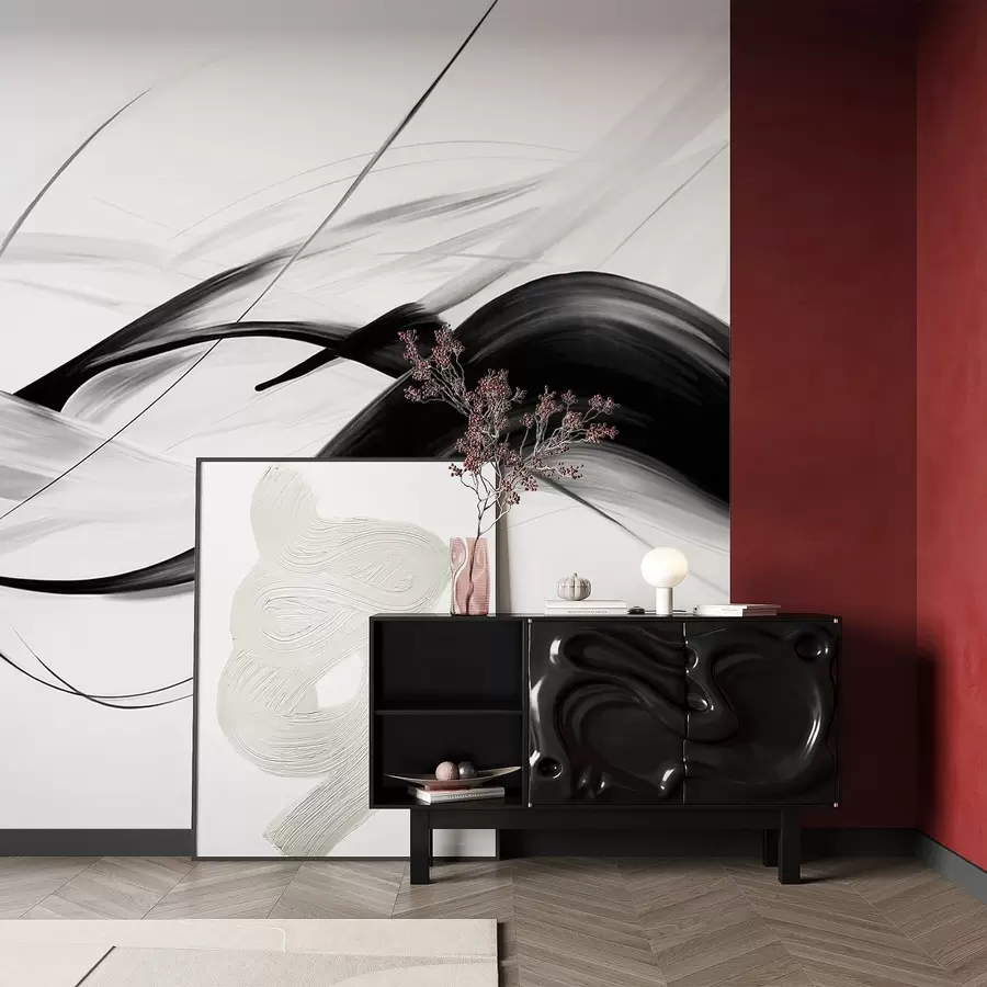 murais de parede Pinceladas abstratas em preto e branco com linhas finas criando um design moderno contra um fundo claro w09605