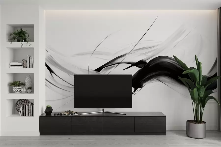 murais de parede Pinceladas abstratas em preto e branco com linhas finas criando um design moderno contra um fundo claro w09605