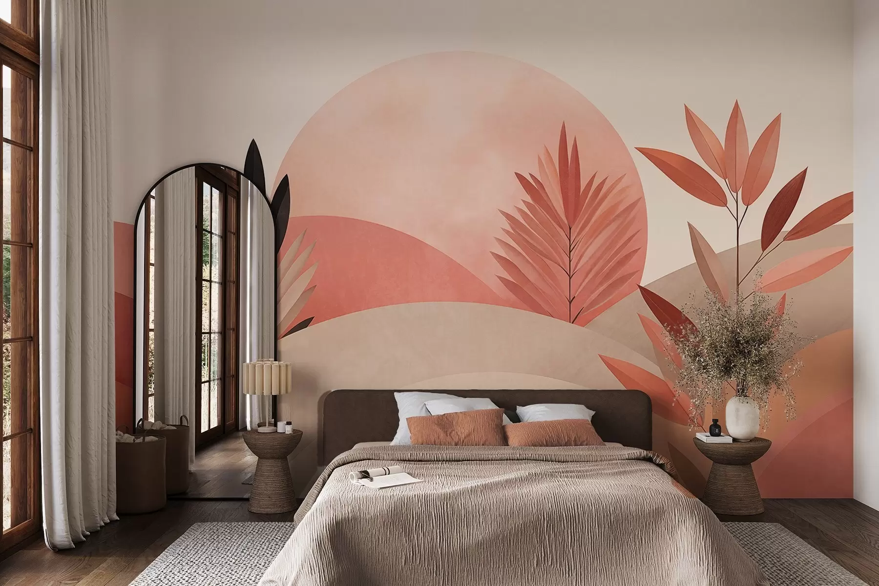 murais de parede Paisagem boho abstrata, sol atrás de colinas onduladas, plantas em primeiro plano, minimalista, texturizada, cores suaves w09608