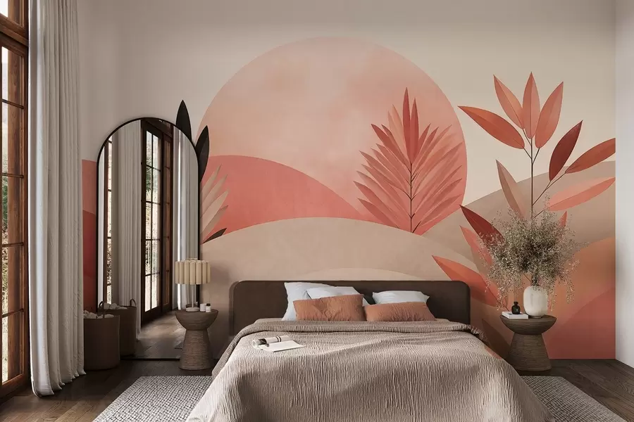 murais de parede Paisagem boho abstrata, sol atrás de colinas onduladas, plantas em primeiro plano, minimalista, texturizada, cores suaves w09608