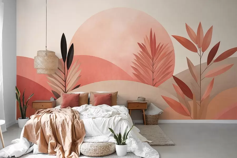 murais de parede Paisagem boho abstrata, sol atrás de colinas onduladas, plantas em primeiro plano, minimalista, texturizada, cores suaves w09608