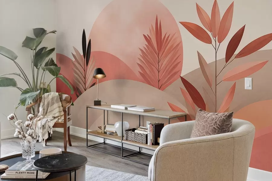 murais de parede Paisagem boho abstrata, sol atrás de colinas onduladas, plantas em primeiro plano, minimalista, texturizada, cores suaves w09608