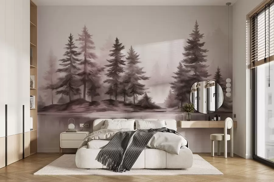 murais de parede Uma floresta enevoada e texturizada com pinheiros altos pintados de forma realista w09610v1