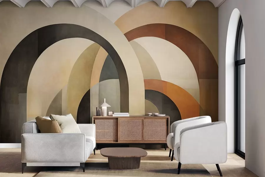 murais de parede Arcos geométricos abstratos texturizados em tons terrosos de bege, marrom e cinza, um design arquitetônico moderno em camadas. w09611