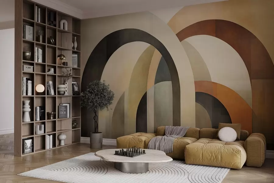 murais de parede Arcos geométricos abstratos texturizados em tons terrosos de bege, marrom e cinza, um design arquitetônico moderno em camadas. w09611