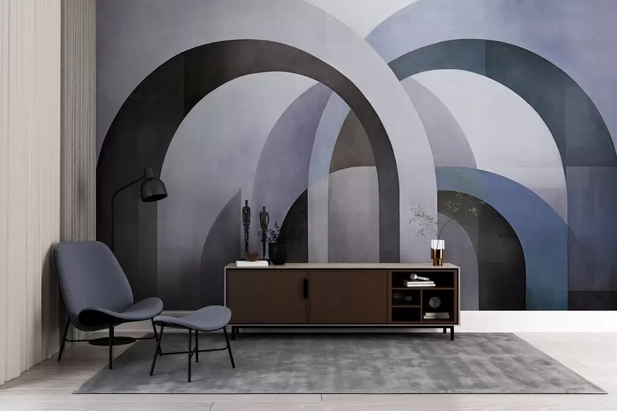 murais de parede Arcos geométricos abstratos texturizados em tons de azul, preto e cinza, um design arquitetônico moderno em camadas w09611v1