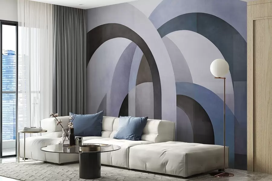 murais de parede Arcos geométricos abstratos texturizados em tons de azul, preto e cinza, um design arquitetônico moderno em camadas w09611v1