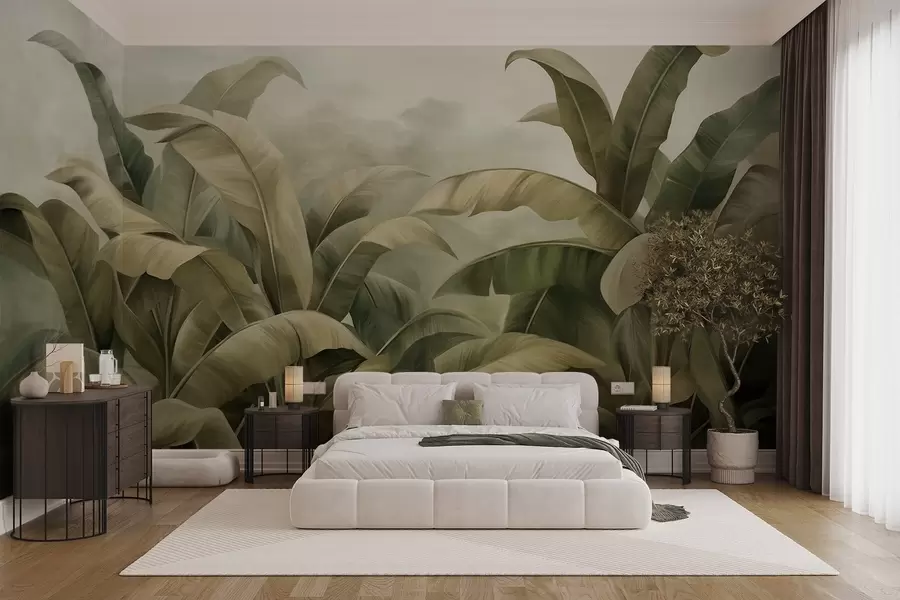 murais de parede Paisagem de selva densa e texturizada com grandes folhas de bananeira em tons suaves de verde e bege w09613