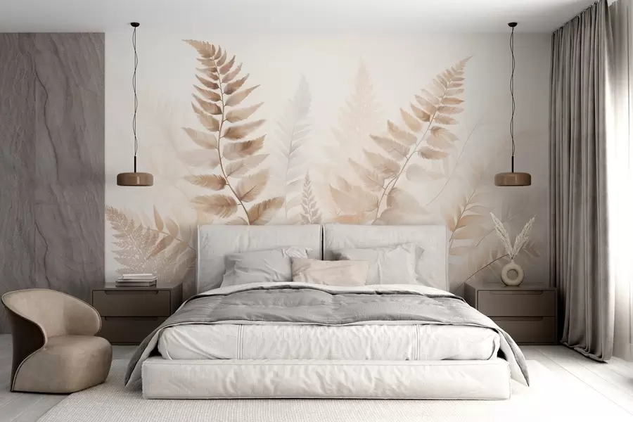 murais de parede Folhas secas de samambaia texturizadas em vários tons de marrom, com um fundo suave e claro em estilo aquarela. w09615
