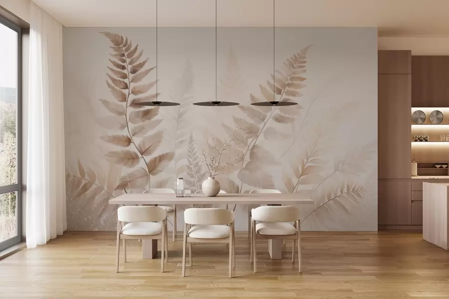 murais de parede Folhas secas de samambaia texturizadas em vários tons de marrom, com um fundo suave e claro em estilo aquarela. w09615