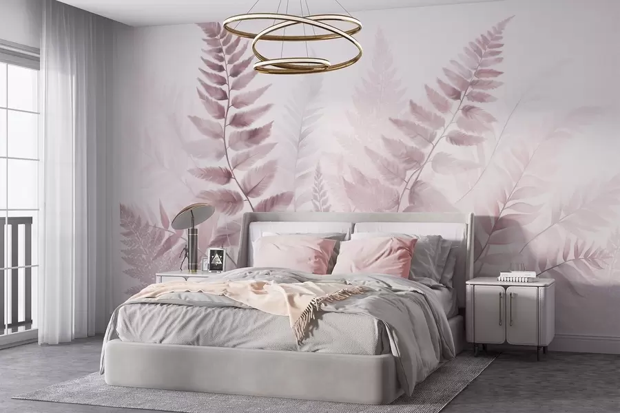 murais de parede Folhas secas de samambaia texturizadas em vários tons de rosa, com um fundo suave e claro em estilo aquarela. w09615v2