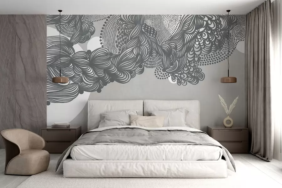 murais de parede Design abstrato texturizado sobre fundo cinza, com traços intricados e texturas pontilhadas. w09621v1