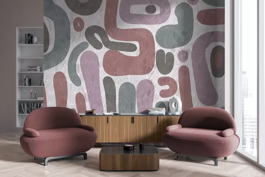 murais de parede Formas abstratas texturizadas em tons suaves de rosa, verde e cinza, sobre um fundo texturizado de arte moderna w09622