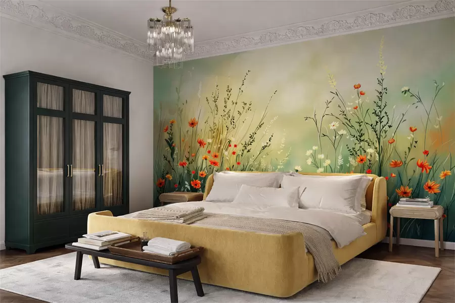 murais de parede Flores e gramíneas do campo em estilo pictórico suave w05015