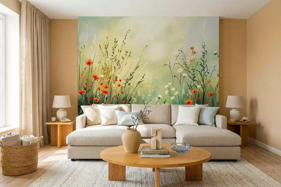 murais de parede Flores e gramíneas do campo em estilo pictórico suave w05015