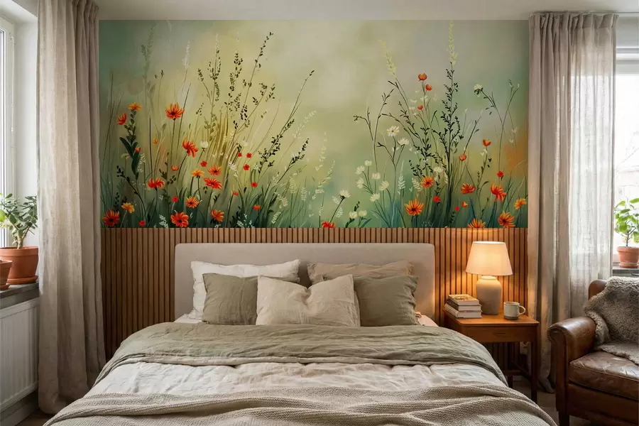 murais de parede Flores e gramíneas do campo em estilo pictórico suave w05015