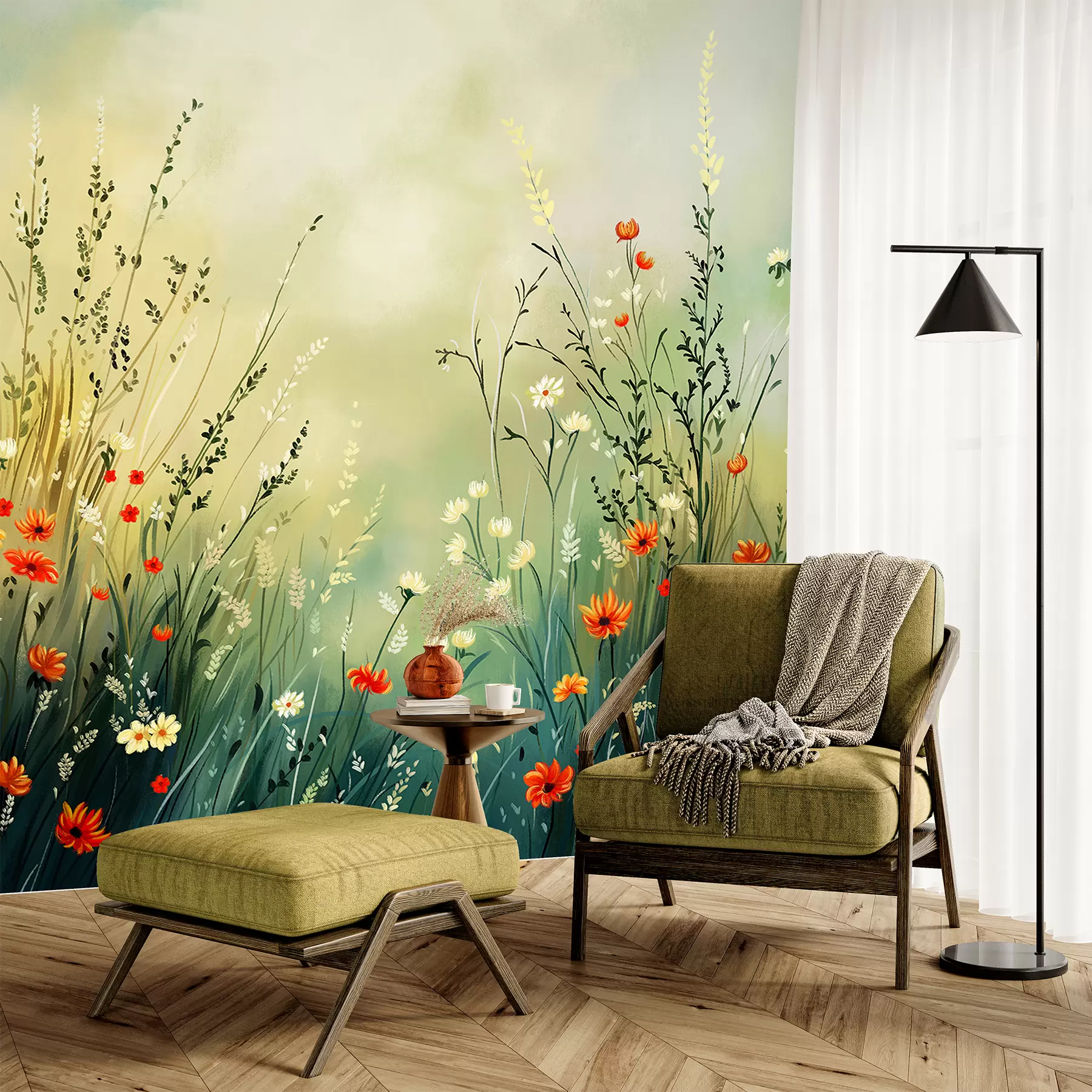 murais de parede Flores e gramíneas do campo em estilo pictórico suave w05015